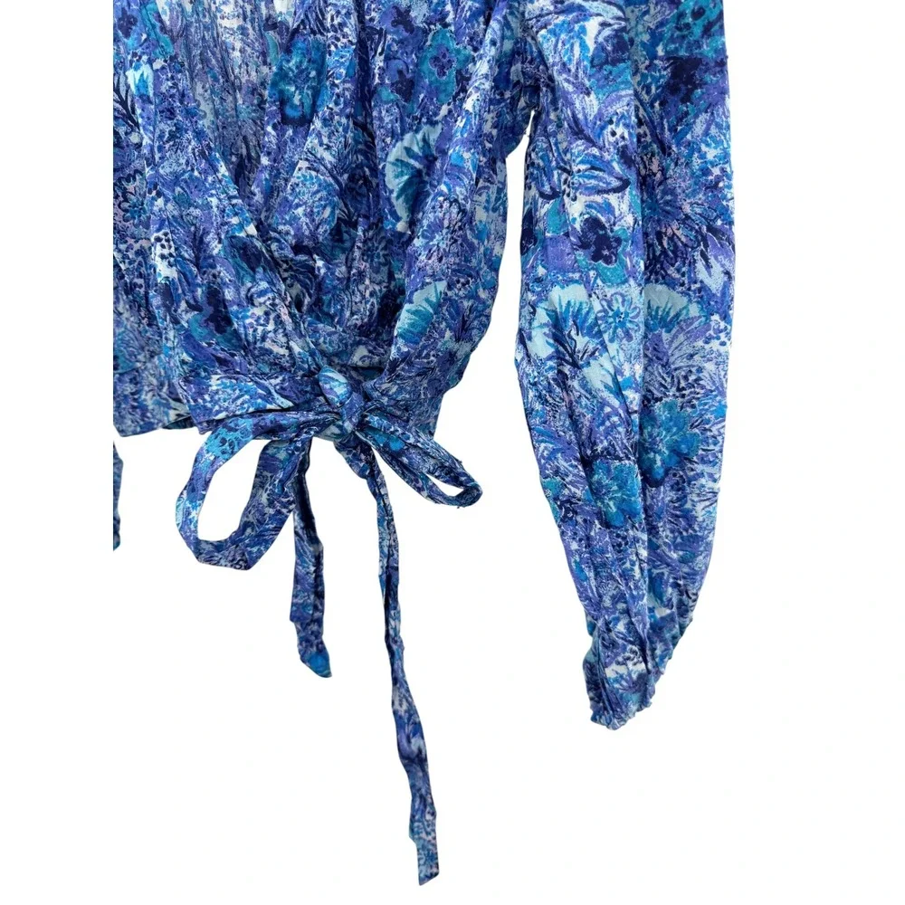 Free People Ruffle Cotton Wrap Top M Blue Floral Paisley Balloon Sleeve Festival